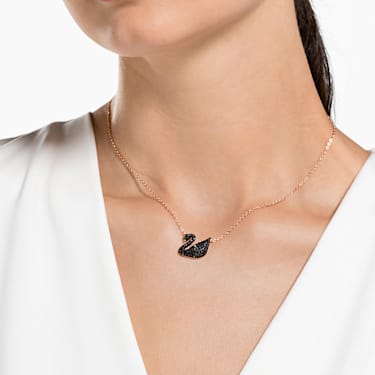 Swarovski Iconic Swan 链坠, 天鹅, 黑色, 镀玫瑰金色调 - Swarovski, 5204134