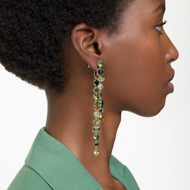 Gema 水滴形耳环, 非对称设计, 混合切割, 超长, 绿色, 镀金色调 - Swarovski, 5657390