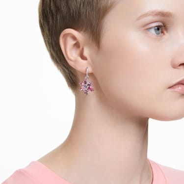 Gema 水滴形耳环, 混合切割, 花朵, 粉红色, 镀铑 - Swarovski, 5658397