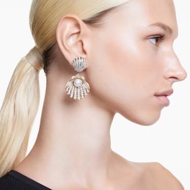 Idyllia 夹式耳环, 仿水晶珍珠, 贝壳, 白色, 镀金色调 - Swarovski, 5683946