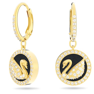 Leather Swan 水滴形耳环, 天鹅, 黑色, 镀金色调 - Swarovski, 5374918