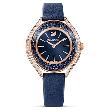 Crystalline Aura 腕表, 瑞士制造, 真皮表带, 蓝色, 玫瑰金色调润饰 - Swarovski, 5519447