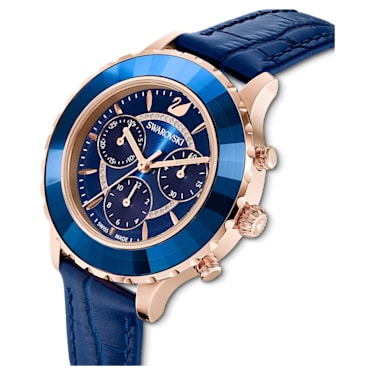 Octea Lux Chrono 腕表, 瑞士制造, 真皮表带, 蓝色, 玫瑰金色调润饰 - Swarovski, 5563480