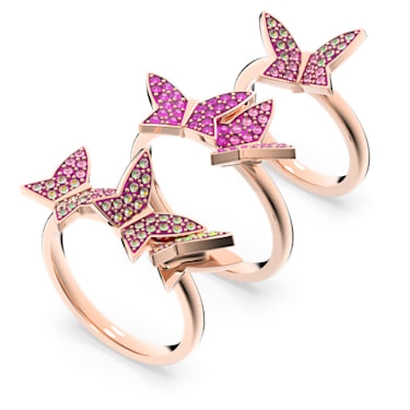 Lilia 戒指, 套装 (3), 蝴蝶, 粉红色, 镀玫瑰金色调 - Swarovski, 5636417