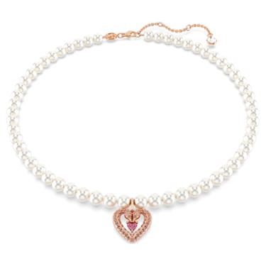 Una 项链, 仿水晶珍珠, 心形, 粉红色, 镀玫瑰金色调 - Swarovski, 5662880
