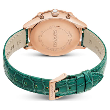 Octea Chrono 腕表, 瑞士制造, 真皮表带, 绿色, 玫瑰金色调润饰 - Swarovski, 5672931
