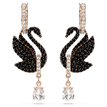 Swarovski Swan 水滴形耳环, 天鹅, 黑色, 镀玫瑰金色调 - Swarovski, 5678047