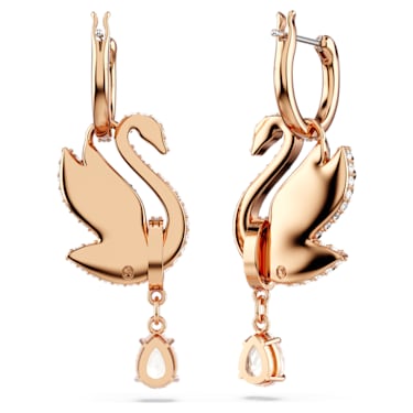 Swarovski Swan 水滴形耳环, 天鹅, 黑色, 镀玫瑰金色调 - Swarovski, 5678047