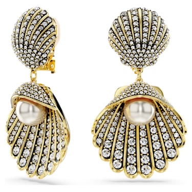 Idyllia 夹式耳环, 仿水晶珍珠, 贝壳, 白色, 镀金色调 - Swarovski, 5683946