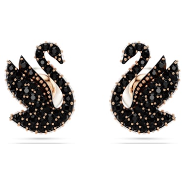 Swarovski Swan 耳钉, 天鹅, 黑色, 镀玫瑰金色调 - Swarovski, 5684608