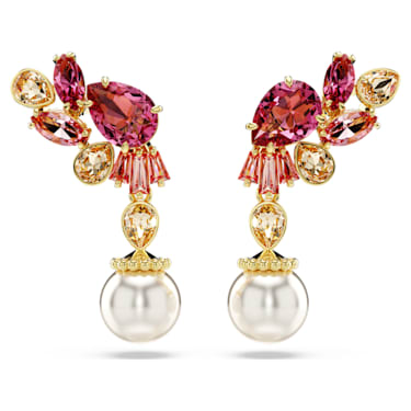 Gema 水滴形耳环, 混合切割，仿水晶珍珠, 花朵, 粉红色, 镀金色调 - Swarovski, 5688486