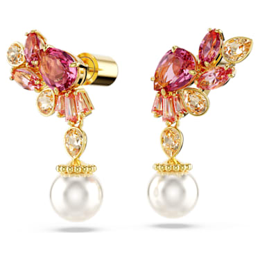 Gema 水滴形耳环, 混合切割，仿水晶珍珠, 花朵, 粉红色, 镀金色调 - Swarovski, 5688486