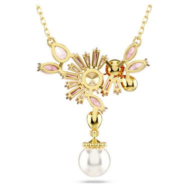 Gema 链坠, 混合切割，仿水晶珍珠, 花朵, 粉红色, 镀金色调 - Swarovski, 5688490