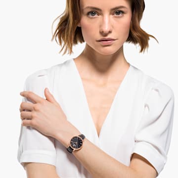 Crystalline Joy watch, Swiss Made, Leather strap, Black, Rose gold-tone finish - Swarovski, 5573857