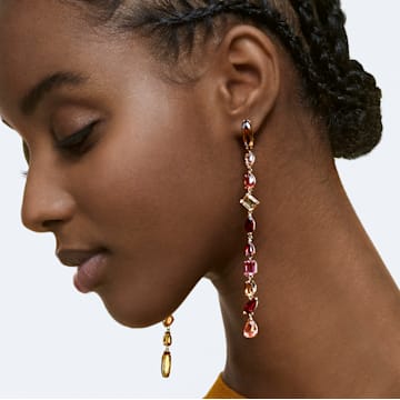 Gema drop earrings, Asymmetrical design, Mixed cuts, Extra long, Multicolored, Gold-tone plated - Swarovski, 5610725
