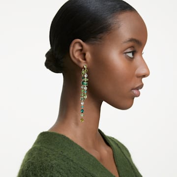 Gema drop earrings, Asymmetrical design, Mixed cuts, Extra long, Green, Gold-tone plated - Swarovski, 5613734
