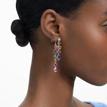 Gema drop earrings, Asymmetrical design, Mixed cuts, Long, Multicolored, Rhodium plated - Swarovski, 5613740