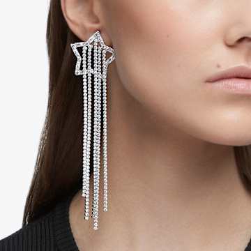 Stella clip earrings, Shooting star, White, Rhodium plated - Swarovski, 5617755