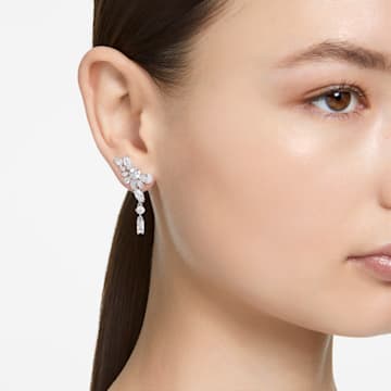 Gema drop earrings, Asymmetrical design, Mixed cuts, Flower, Long, White, Rhodium plated - Swarovski, 5644680