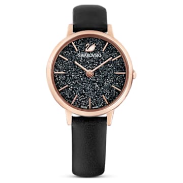 Crystalline Joy 腕表, 瑞士制造, 真皮表带, 黑色, 玫瑰金色调润饰 - Swarovski, 5573857