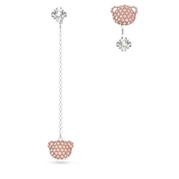 Teddy drop earrings, Asymmetrical design, Bear, Pink, Rhodium plated - Swarovski, 5597924