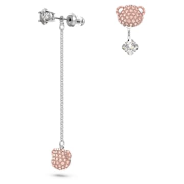 Teddy drop earrings, Asymmetrical design, Bear, Pink, Rhodium plated - Swarovski, 5597924