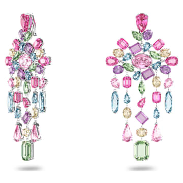 Gema clip earrings, Mixed cuts, Chandelier, Extra long, Multicolored, Rhodium plated - Swarovski, 5601887