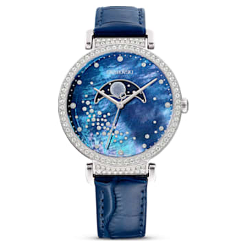 Passage Moon Phase 腕表, 瑞士制造, 月亮, 真皮表带, 蓝色, 不锈钢 - Swarovski, 5613320