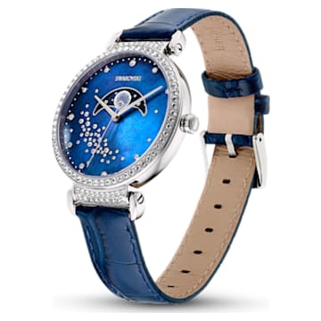Passage Moon Phase watch, Swiss Made, Moon, Leather strap, Blue, Stainless steel - Swarovski, 5613320