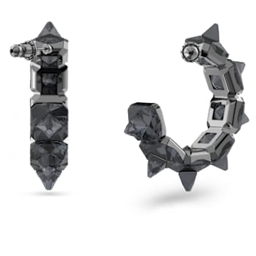 Ortyx hoop earrings, Pyramid cut, Gray, Ruthenium plated - Swarovski, 5613681