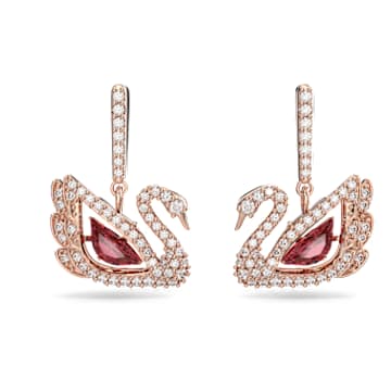 Dancing Swan 水滴形耳环, 天鹅, 红色, 镀玫瑰金色调 - Swarovski, 5614124