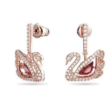 Dancing Swan 水滴形耳环, 天鹅, 红色, 镀玫瑰金色调 - Swarovski, 5614124