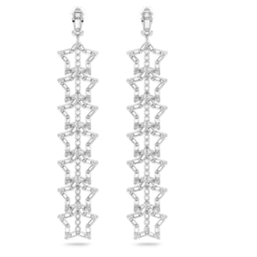 Stella clip earrings, Star, Long, White, Rhodium plated - Swarovski, 5617756