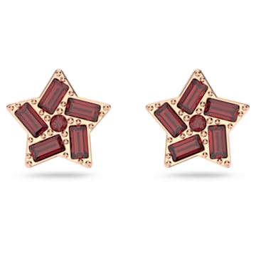 Stella stud earrings, Baguette cut, Star, Red, Rose gold-tone plated - Swarovski, 5622153