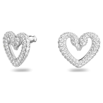 Una stud earrings, Heart, Medium, White, Rhodium plated - Swarovski, 5625535
