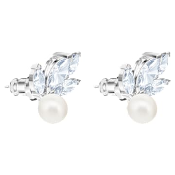 Louison Pearl stud earrings, Leaf, White, Rhodium plated - Swarovski, 5627346