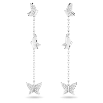 Lilia drop earrings, Butterfly, Long, White, Rhodium plated - Swarovski, 5636423
