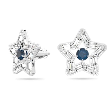 Stella stud earrings, Mixed cuts, Star, Blue, Rhodium plated - Swarovski, 5639188