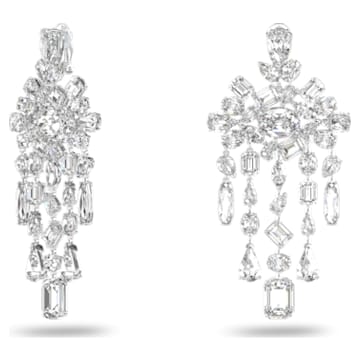 Gema clip earrings, Mixed cuts, Chandelier, Extra long, White, Rhodium plated - Swarovski, 5639329