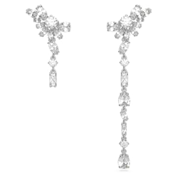 Gema drop earrings, Asymmetrical design, Mixed cuts, Flower, Long, White, Rhodium plated - Swarovski, 5644680