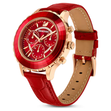 Octea Lux Chrono watch, Swiss Made, Leather Strap, Red, Rose gold-tone finish - Swarovski, 5646975