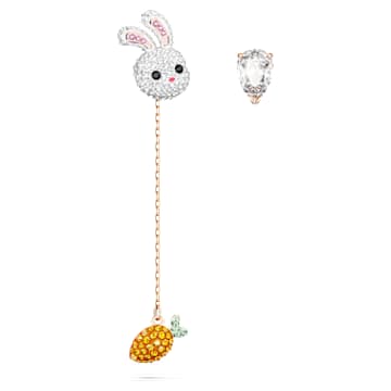 Zodiac Rabbit 水滴形耳环, 非对称设计, 兔子和胡萝卜, 短, 流光溢彩, 镀玫瑰金色调 - Swarovski, 5647972