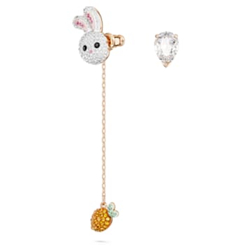 Zodiac Rabbit drop earrings, Asymmetrical design, Rabbit and carrot, Multicolored, Rose gold-tone plated - Swarovski, 5647972