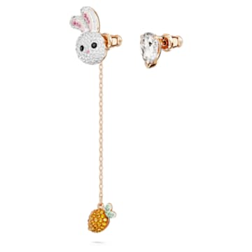 Zodiac Rabbit 水滴形耳环, 非对称设计, 兔子和胡萝卜, 短, 流光溢彩, 镀玫瑰金色调 - Swarovski, 5647972