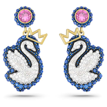 Pop Swan 水滴形耳环, 天鹅, 蓝色, 镀金色调 - Swarovski, 5649196