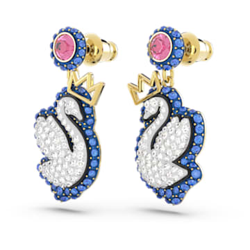 Pop Swan 水滴形耳环, 天鹅, 蓝色, 镀金色调 - Swarovski, 5649196