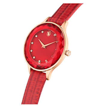 Octea Nova 腕表, 瑞士制造, 真皮表带, 红色, 玫瑰金色调润饰 - Swarovski, 5650002