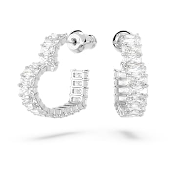 Matrix hoop earrings, Heart, Small, White, Rhodium plated - Swarovski, 5653170