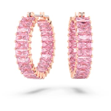 Matrix hoop earrings, Baguette cut, Pink, Rose gold-tone plated - Swarovski, 5657726