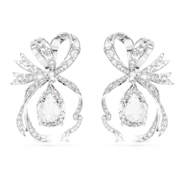 Volta drop earrings, Pear cut, Bow, White, Rhodium plated - Swarovski, 5657992